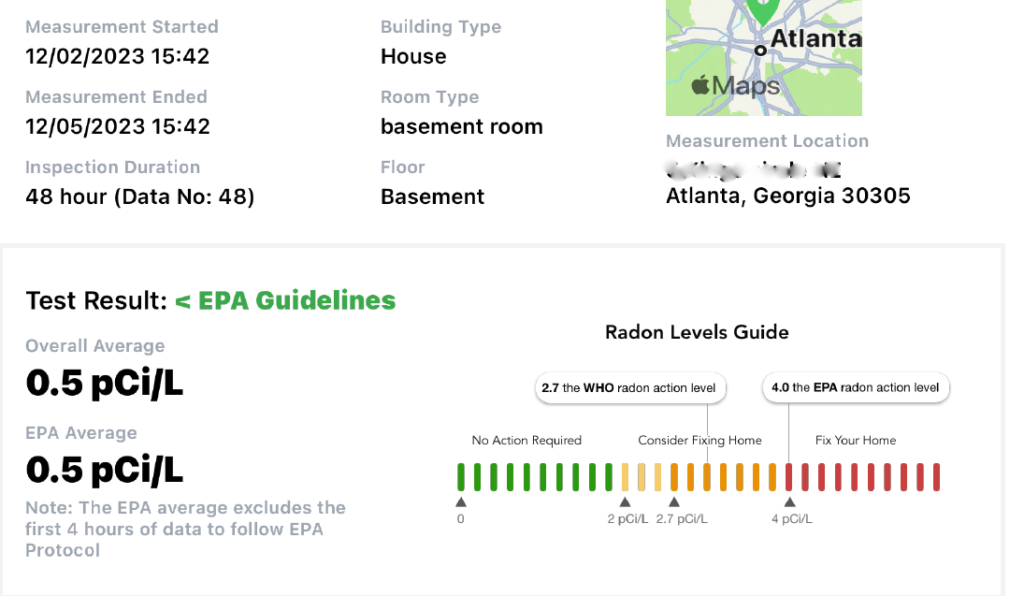 Radon Test Results Atlanta Residential Property